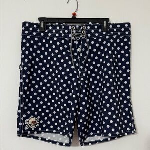 Rare Birdwell Beach Britches 36 Navy Polka Dot Skull Crossbones Board Shorts